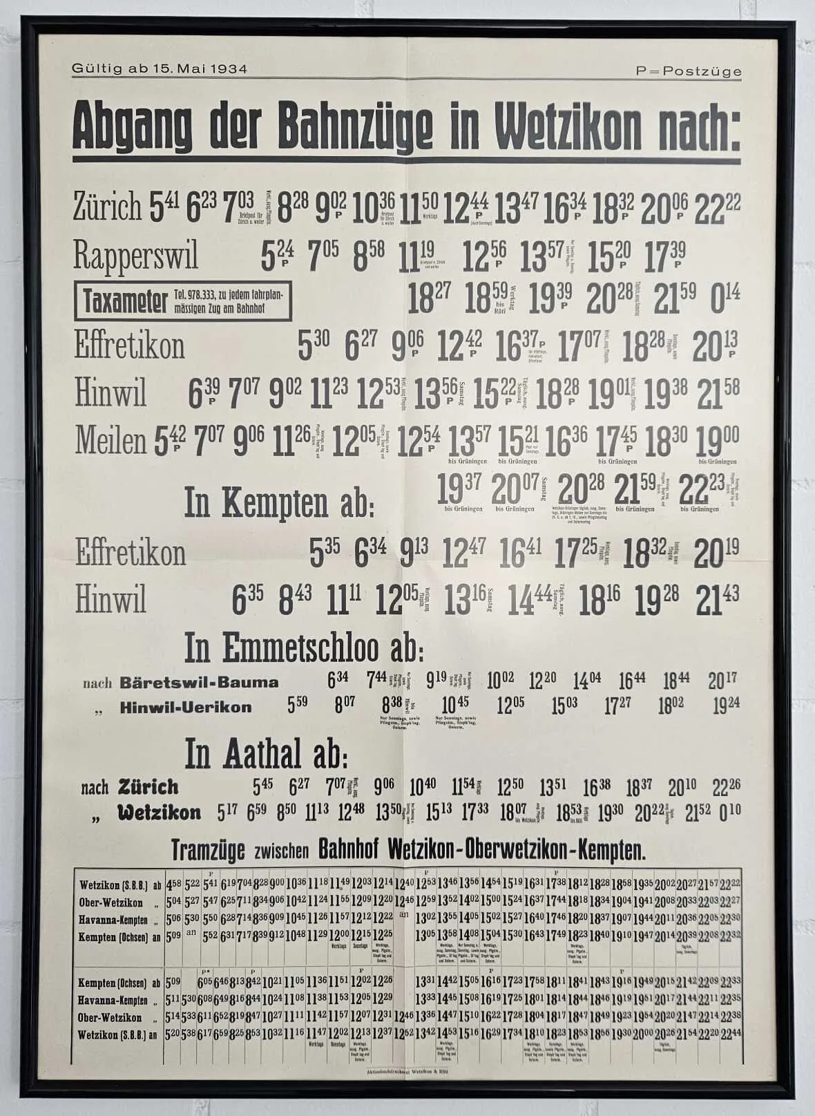 Ein Fahrplanplakat von 1934 mit den Zugverbindungen, die ab dem SBB-Bahnhof in Wetzikon verkehrten. 